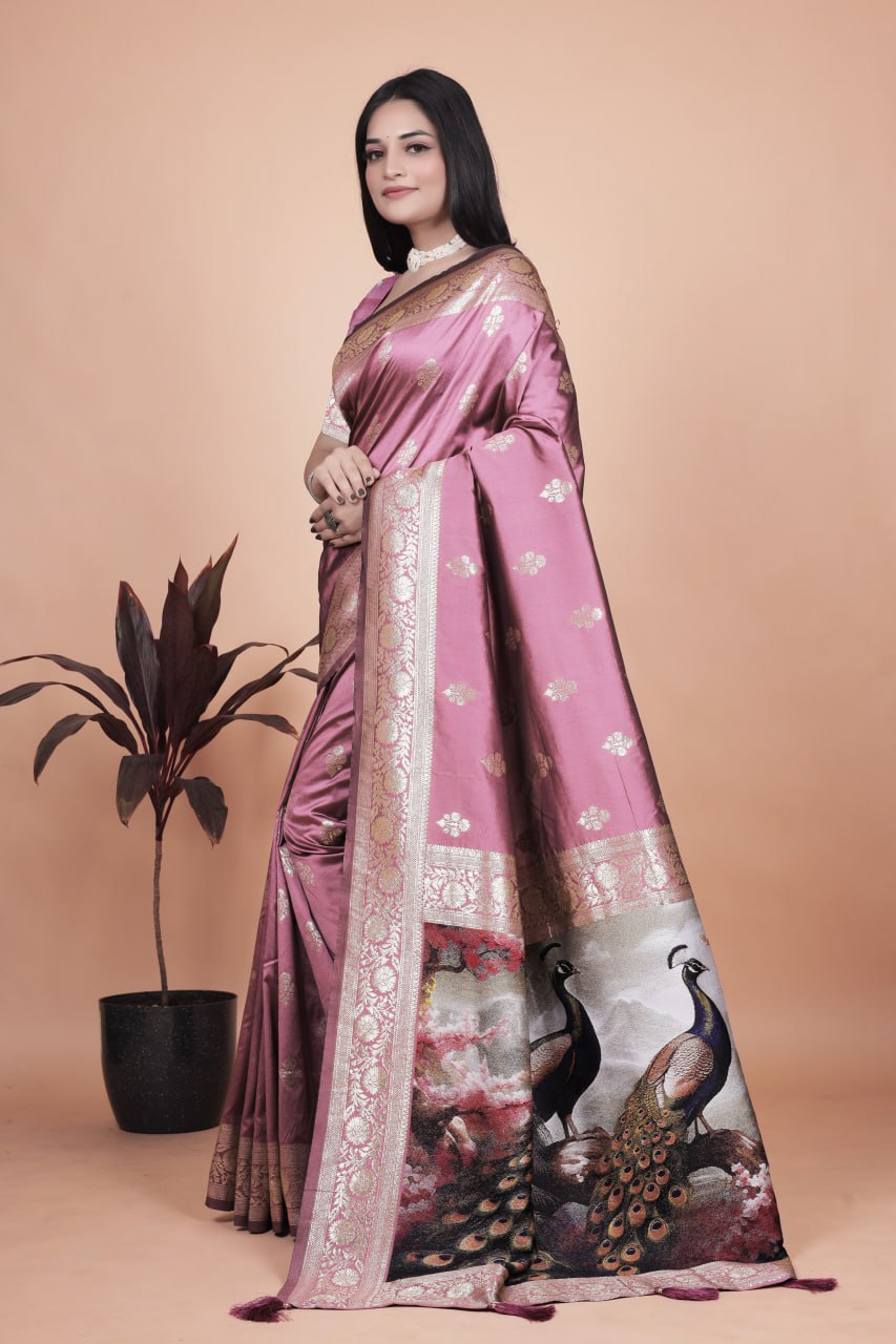 Rosewood Pink Banarasi Silk Saree with Artistic Peacock Pallu