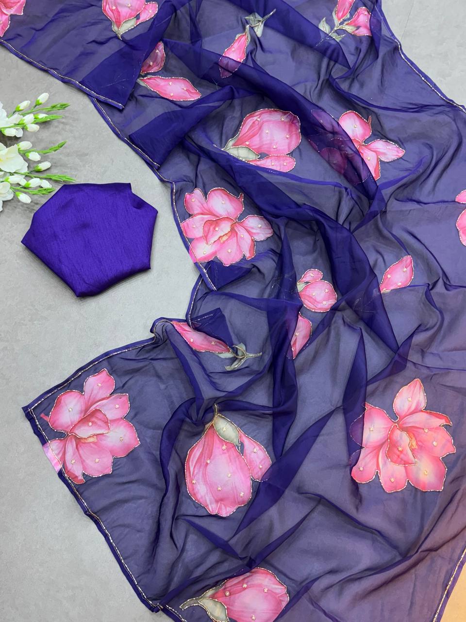 FLOWER HANDWORK CUT DANA ROSE SOFT TABI ORGANZA HANDWORK SAREE
