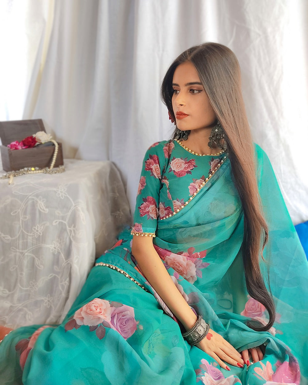 Georgette Printed with pearl lace border Saree