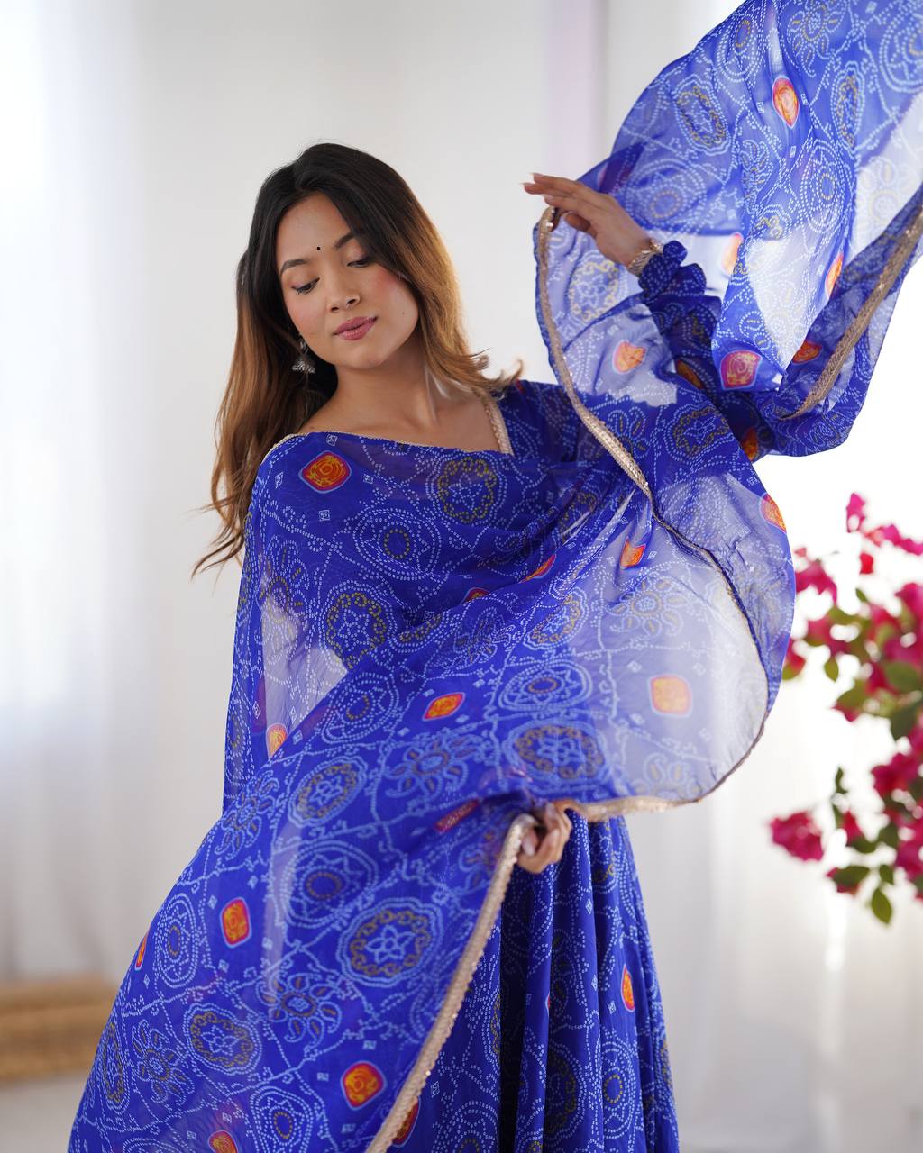 ANARKALI FABRIC*:PURE SOFT LIGHTWEIGHT CHIFFON BANDHEJ FABRIC INNER MICRO COTTON