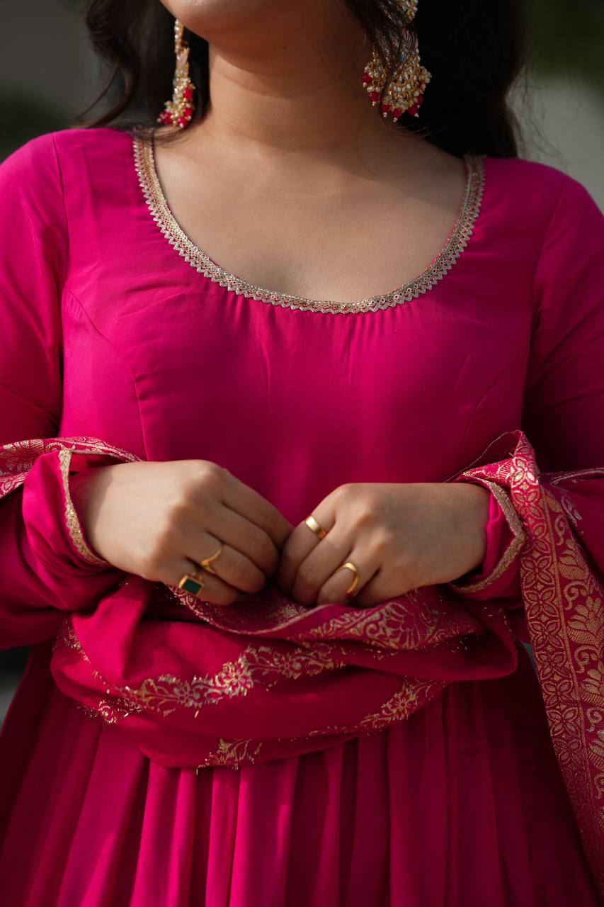 *PURE ROMANSILK CHANDERI FABRIC FULLY FLAIR ANARKALI,WITH DUPPTA SET,PENT READY TO WEAR*