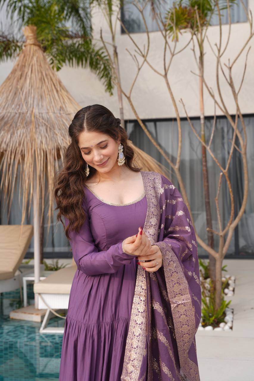 PURE ROMANSILK CHANDERI FABRIC FULLY FLAIR ANARKALI,WITH DUPPTA SET,PENT READY TO WEAR*