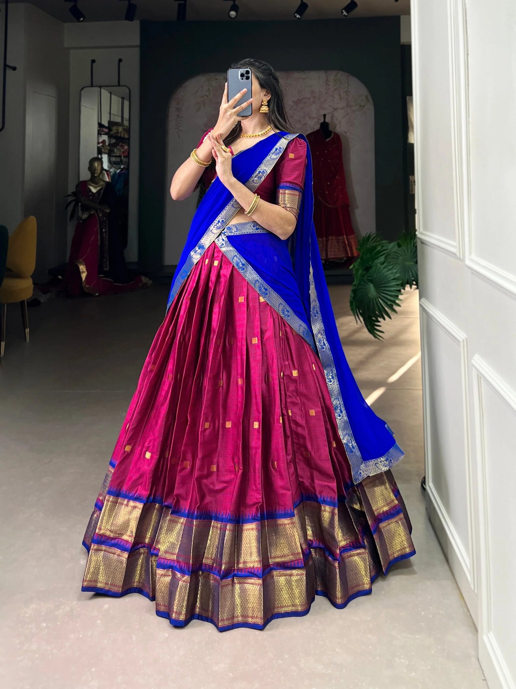 Elegant Pink and Blue Paithani Cotton Silk Lehenga Choli with Zari Weaving Border & Contrasting Dupatta