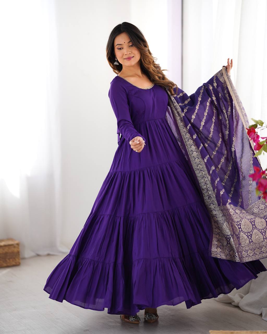 PURE ROMANSILK CHANDERI FABRIC FULLY FLAIR ANARKALI,WITH DUPPTA SET,PENT READY TO WEAR*