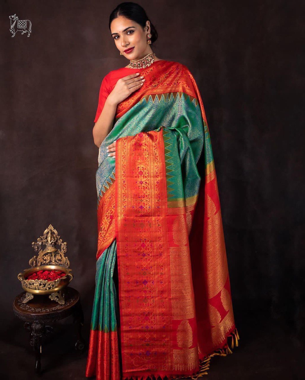 Banarasi saree GREEN  WITH RED COMBINATION
