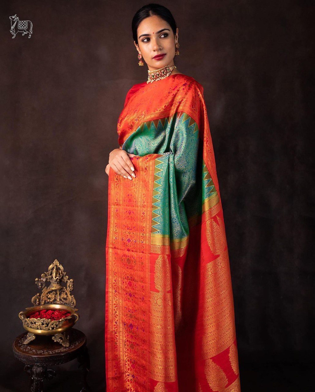 Banarasi saree GREEN  WITH RED COMBINATION