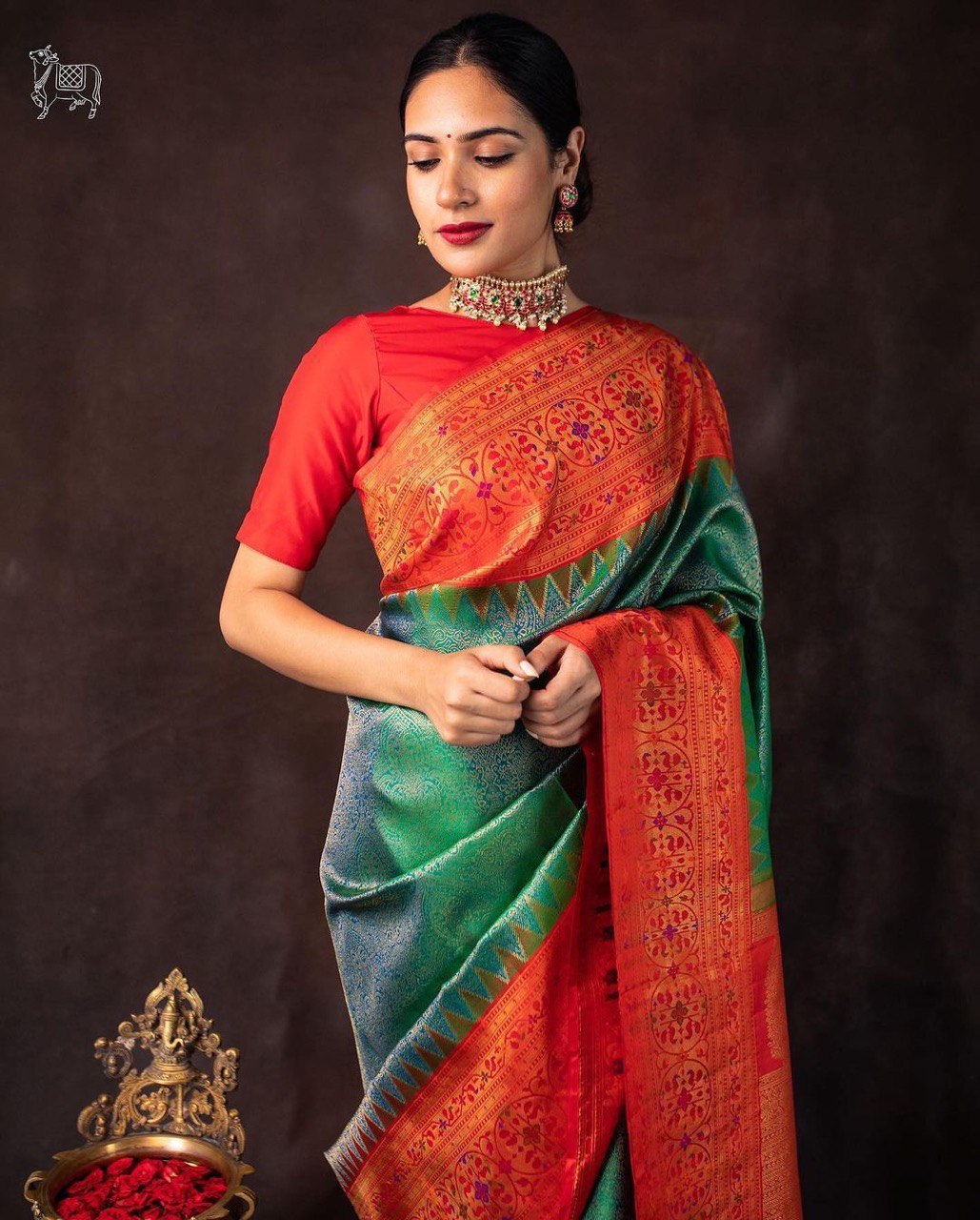 Banarasi saree GREEN  WITH RED COMBINATION