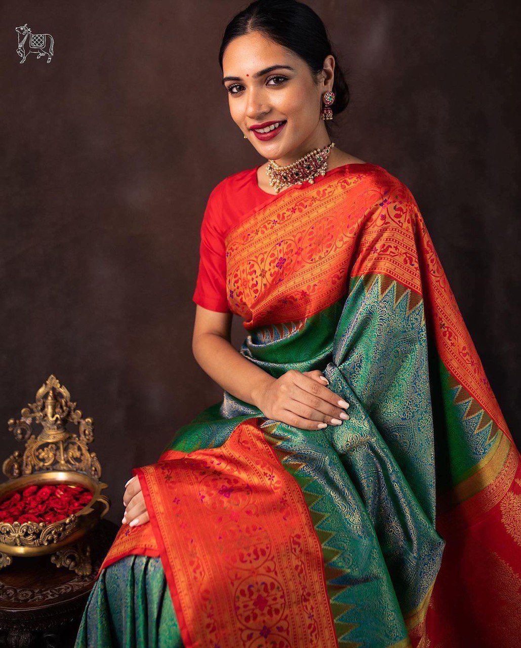 Banarasi saree GREEN  WITH RED COMBINATION