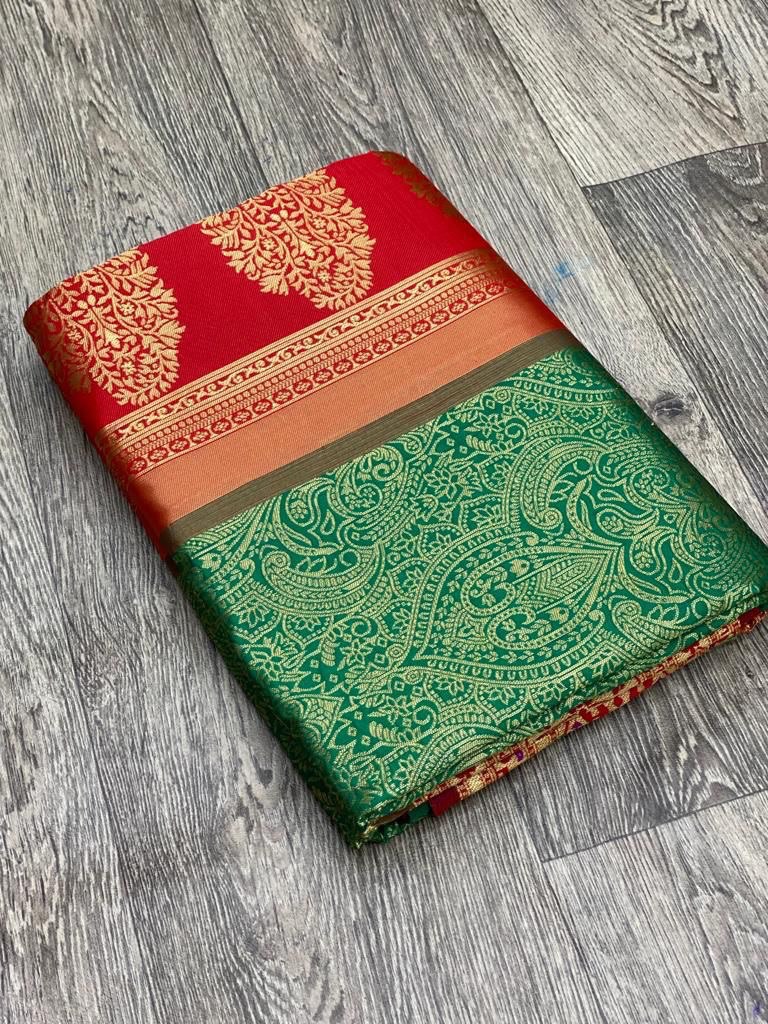 Banarasi saree GREEN  WITH RED COMBINATION