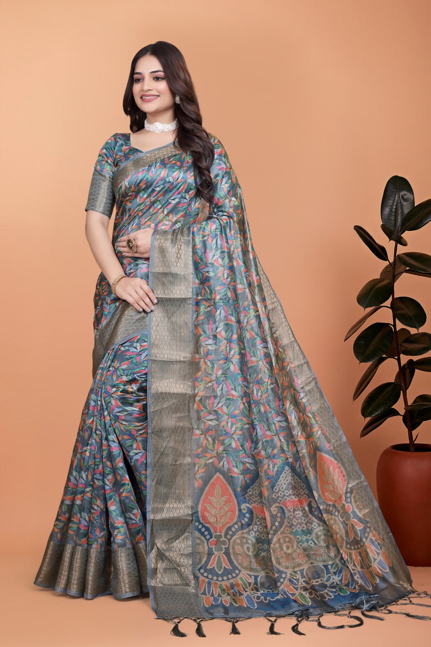 Grey & Multicolor Soft Silk Saree with Ethnic Pallu Product