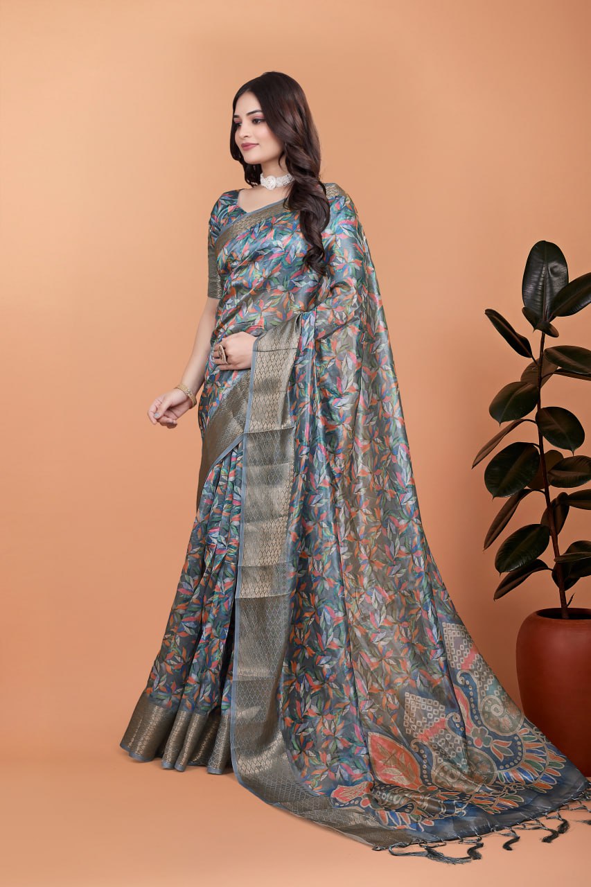 Grey & Multicolor Soft Silk Saree with Ethnic Pallu Product