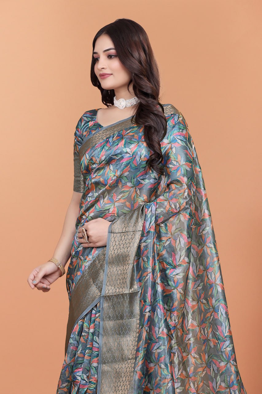 Grey & Multicolor Soft Silk Saree with Ethnic Pallu Product