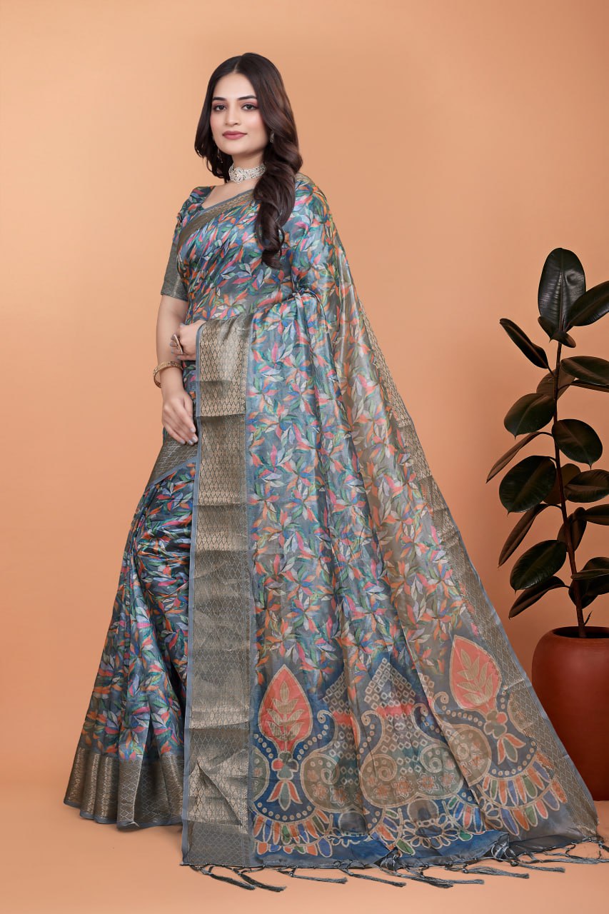 Grey & Multicolor Soft Silk Saree with Ethnic Pallu Product