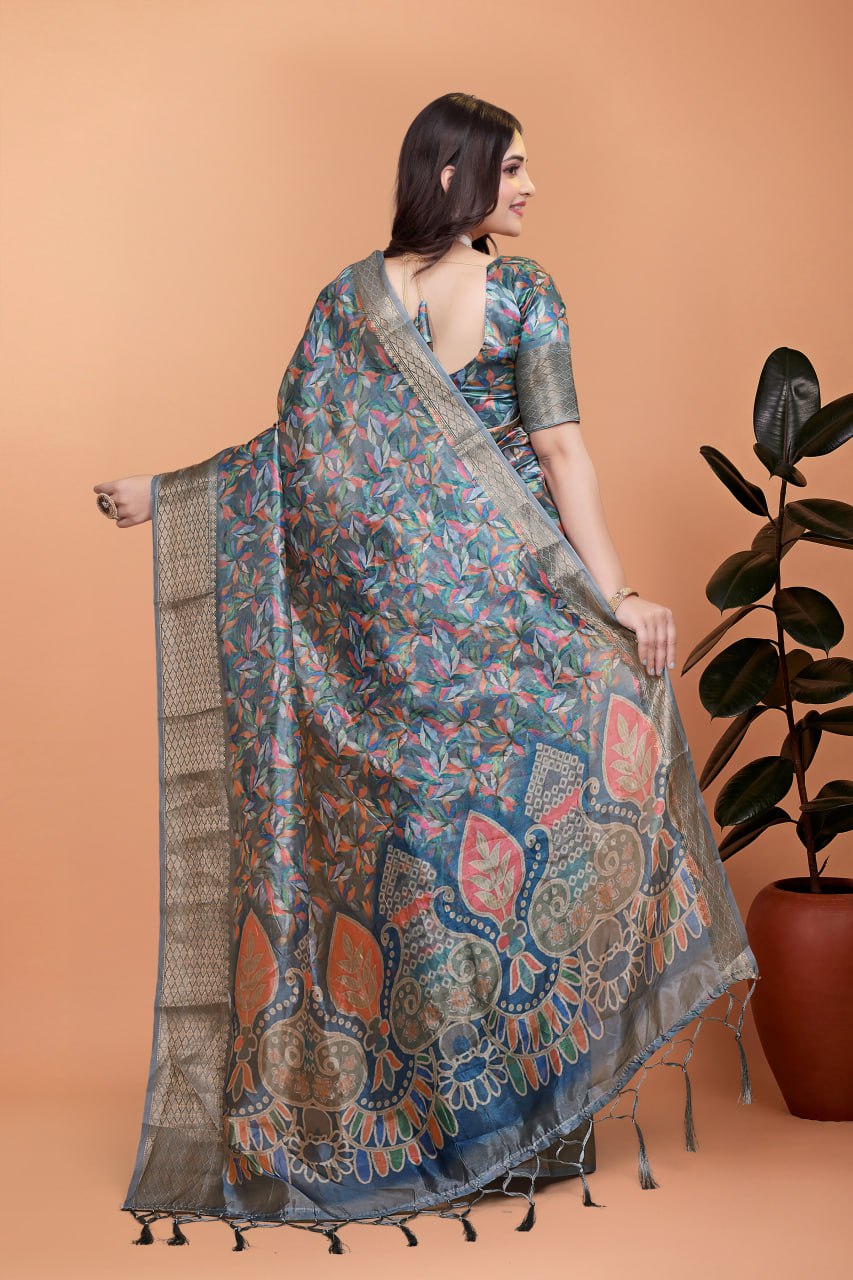 Grey & Multicolor Soft Silk Saree with Ethnic Pallu Product