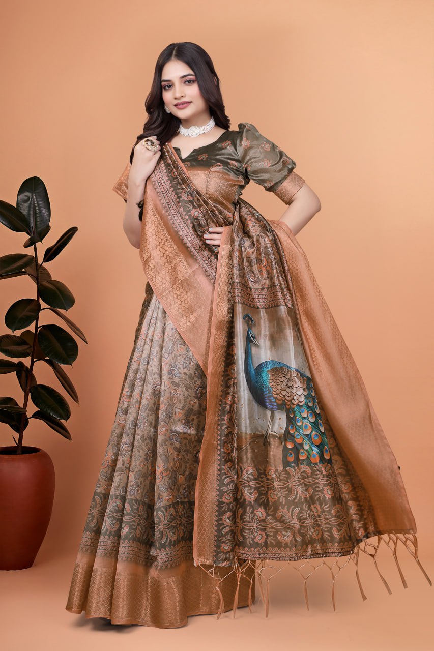 Bronze & Olive Green Soft Silk Saree with Majestic Peacock Pallu