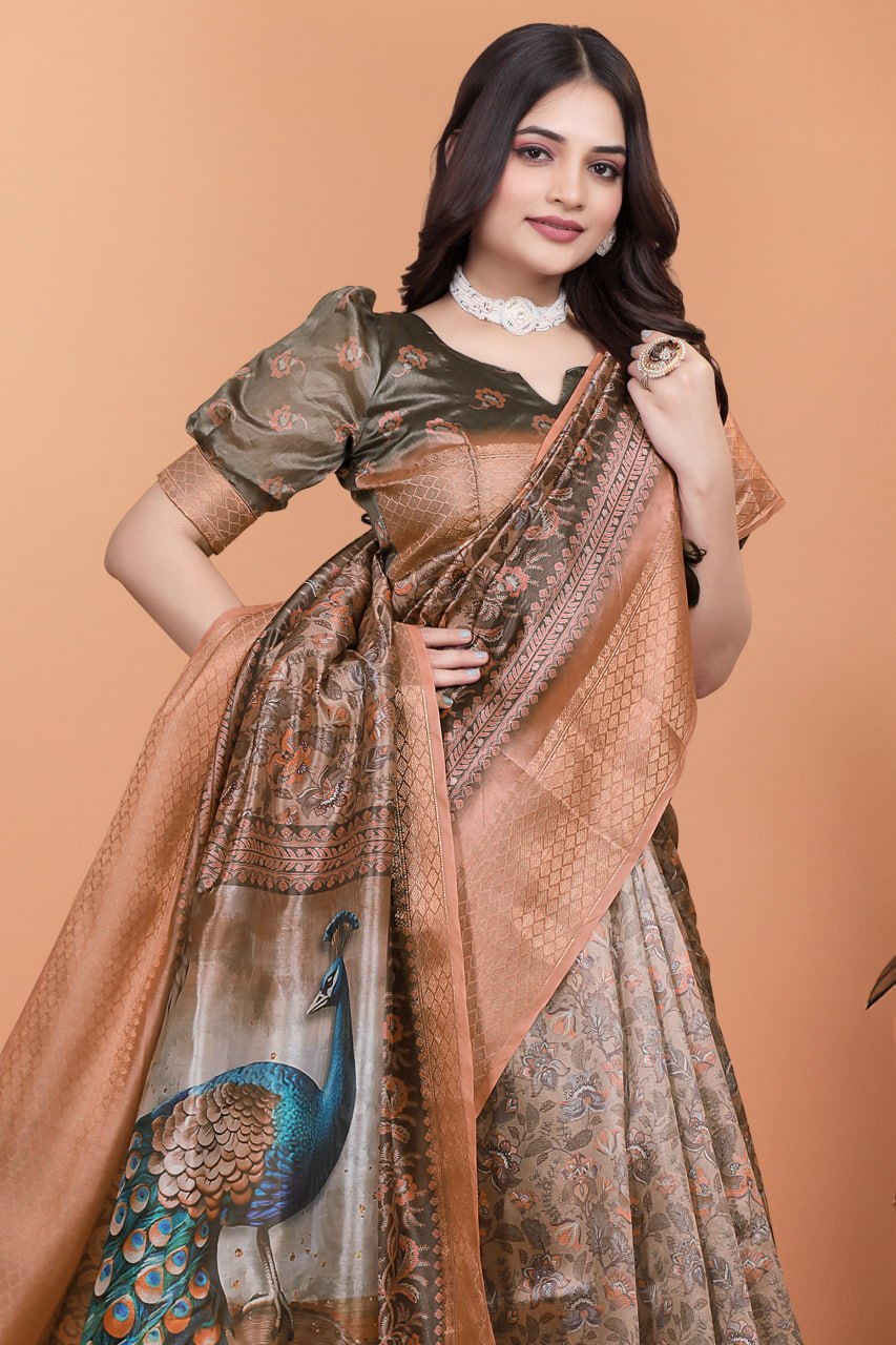 Bronze & Olive Green Soft Silk Saree with Majestic Peacock Pallu