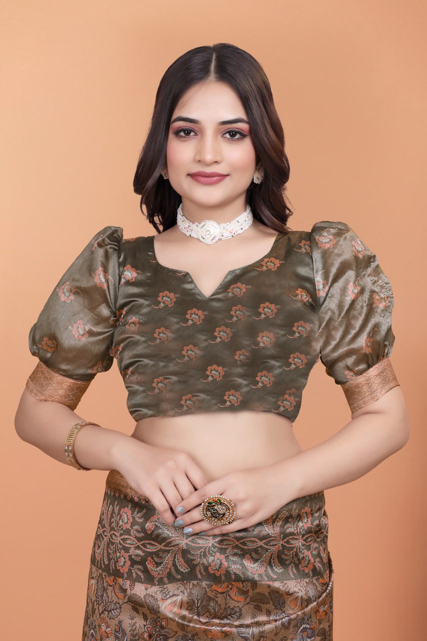 Bronze & Olive Green Soft Silk Saree with Majestic Peacock Pallu