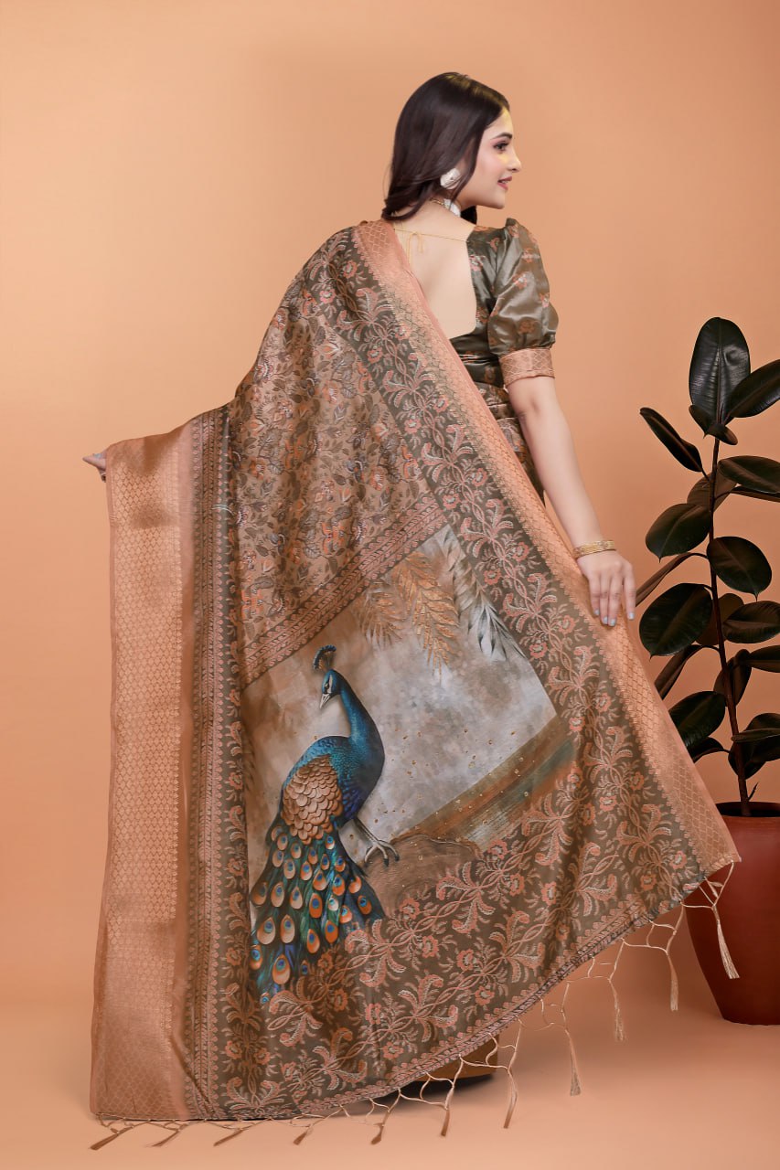 Bronze & Olive Green Soft Silk Saree with Majestic Peacock Pallu