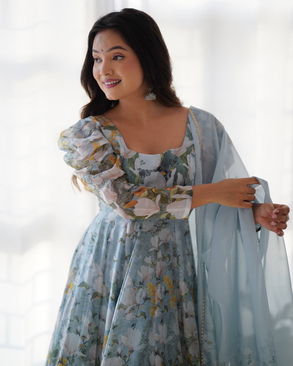 PURE SOFT ORGANJA SILK  FLORAL PRINT FABRIC FULLY FLAIR KALI PATTERN AND CANVAS PATTA WITH DUPPTA SET,PENT READY TO WEAR*