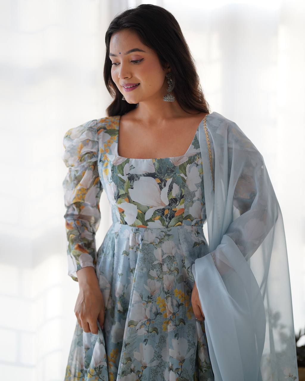 PURE SOFT ORGANJA SILK  FLORAL PRINT FABRIC FULLY FLAIR KALI PATTERN AND CANVAS PATTA WITH DUPPTA SET,PENT READY TO WEAR*