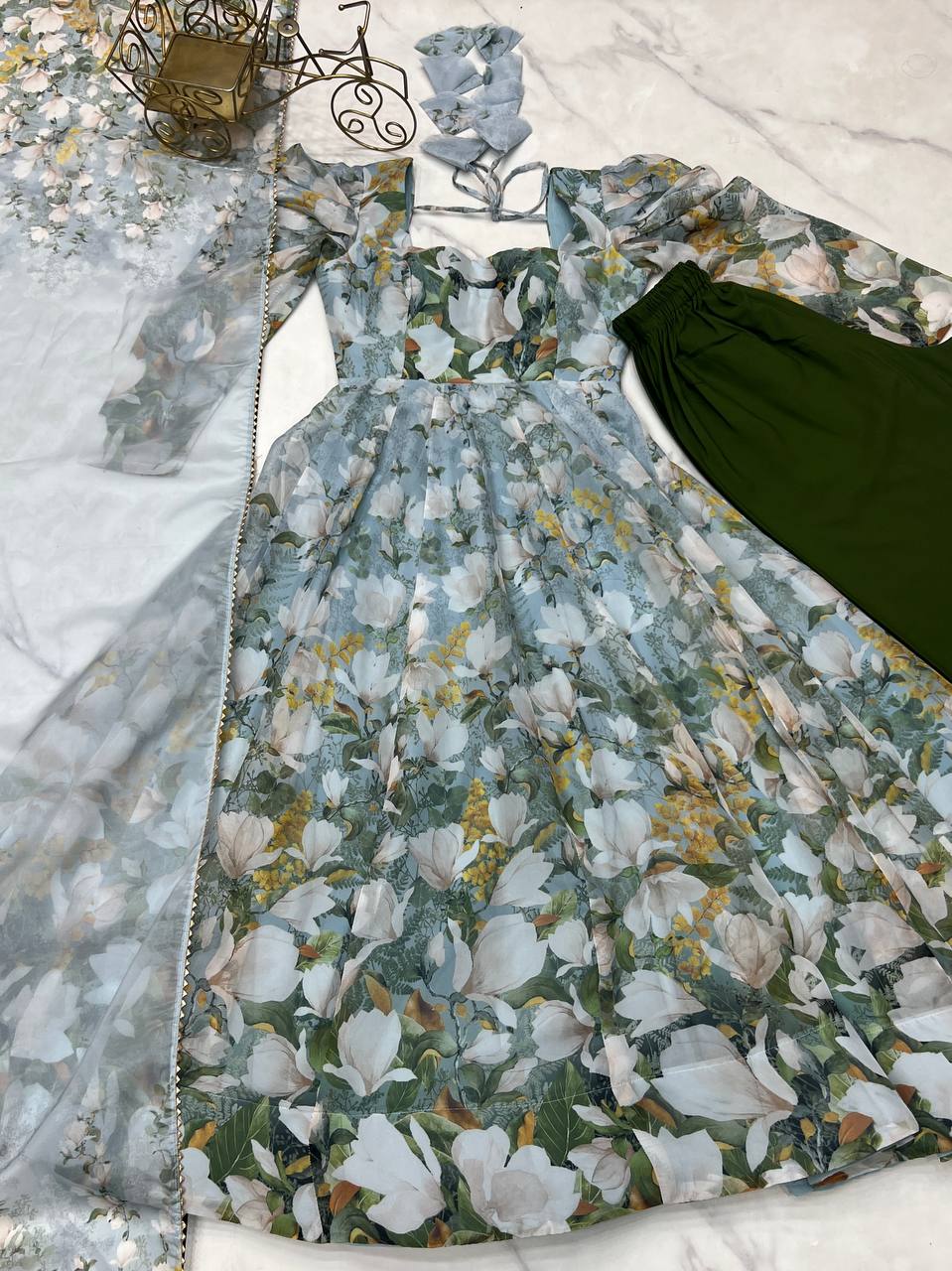 PURE SOFT ORGANJA SILK  FLORAL PRINT FABRIC FULLY FLAIR KALI PATTERN AND CANVAS PATTA WITH DUPPTA SET,PENT READY TO WEAR*