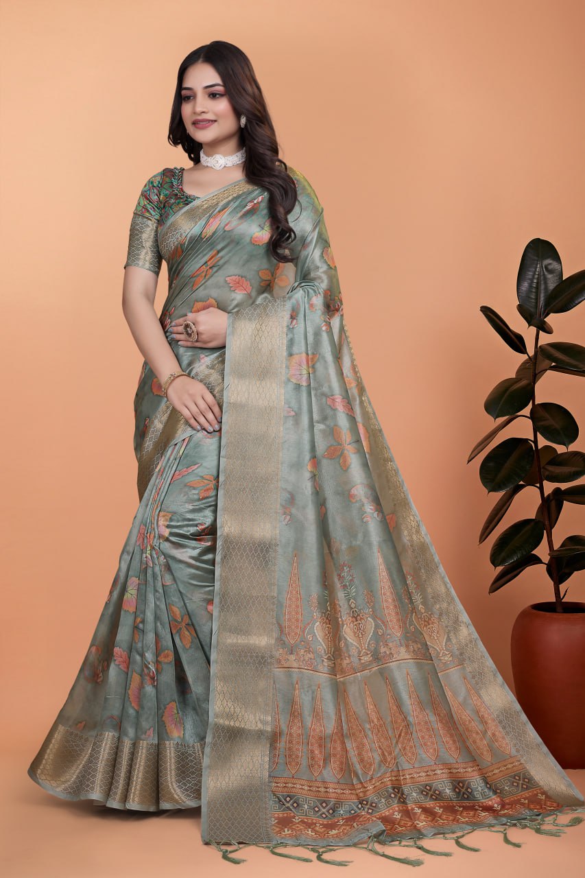 Sage Green Soft Silk Saree with Elegant Floral Prints & Rich Pallu