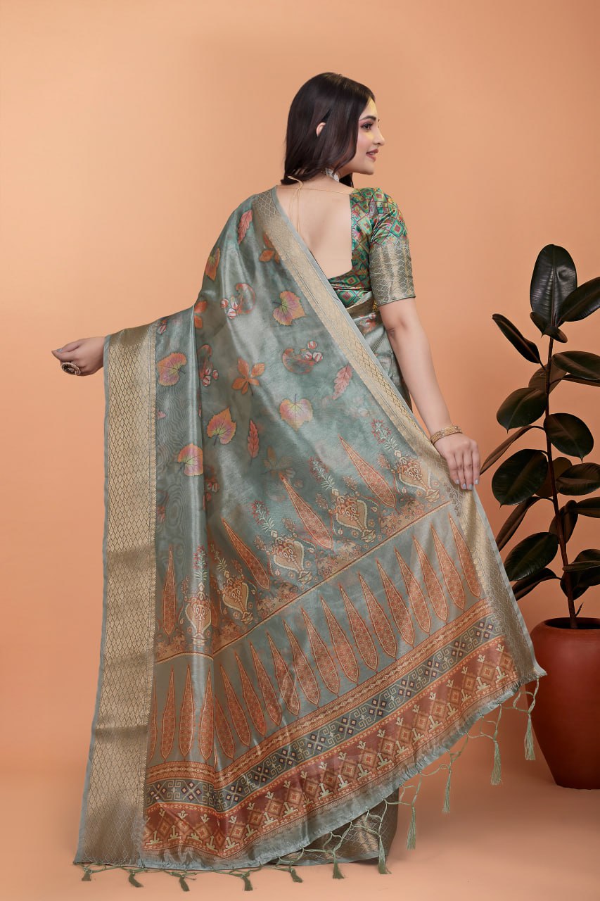 Sage Green Soft Silk Saree with Elegant Floral Prints & Rich Pallu