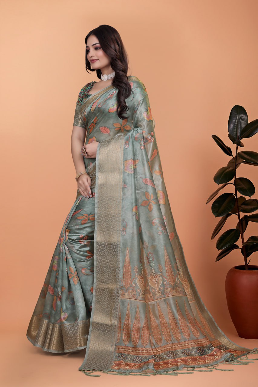 Sage Green Soft Silk Saree with Elegant Floral Prints & Rich Pallu