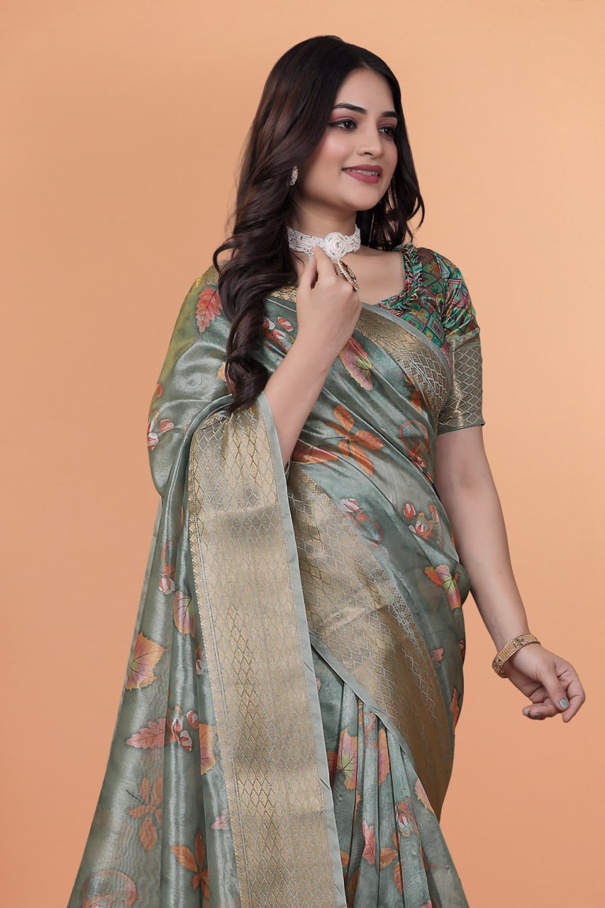 Sage Green Soft Silk Saree with Elegant Floral Prints & Rich Pallu