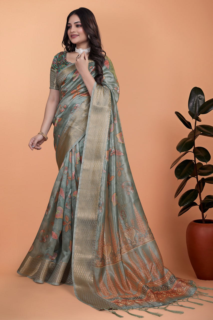 Sage Green Soft Silk Saree with Elegant Floral Prints & Rich Pallu