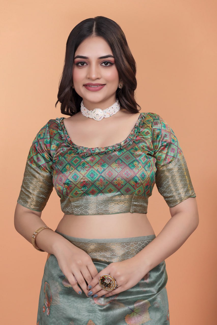 Sage Green Soft Silk Saree with Elegant Floral Prints & Rich Pallu