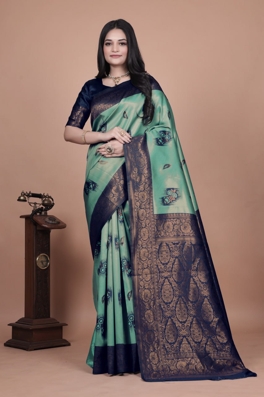 Sea Green & Navy Blue Banarasi Silk Saree with Zari Embellishment