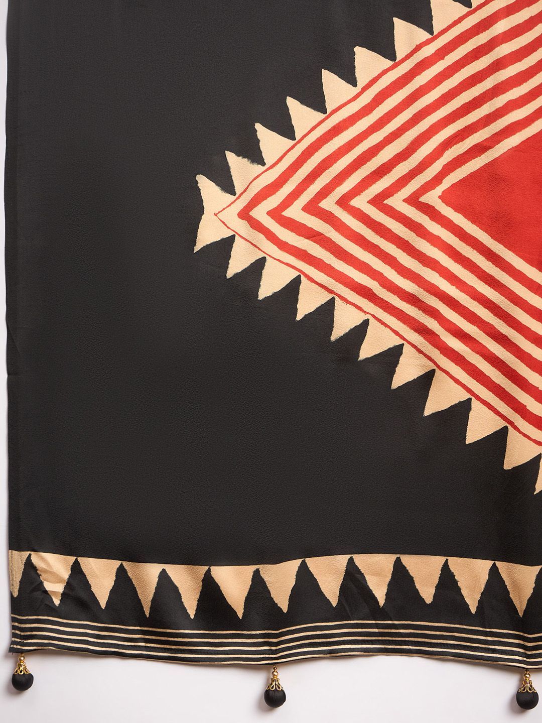 Black Gajji Silk Saree with Tribal Red Geometric Motif & Contrast Border
