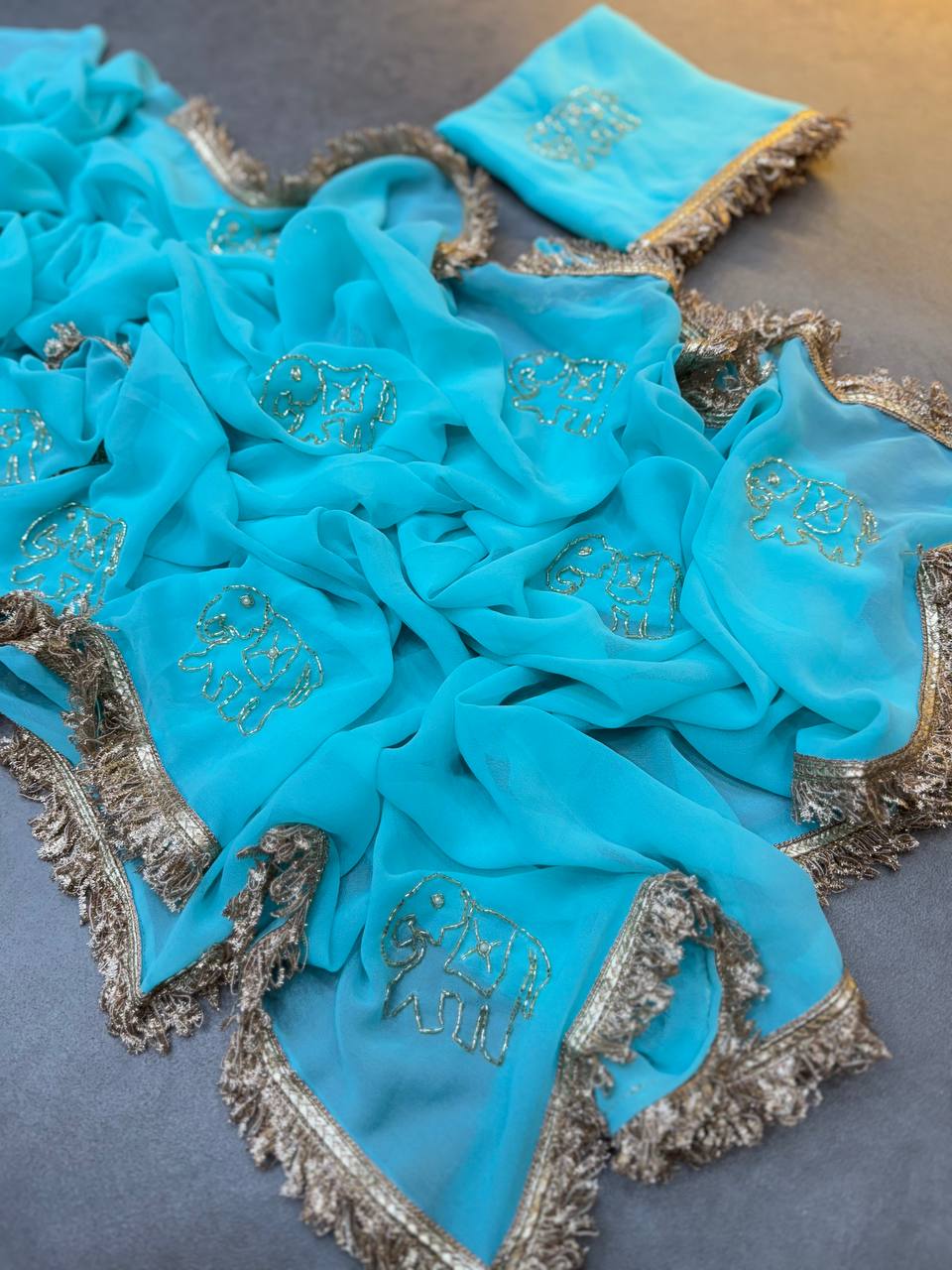 SUPER RICH HANDWORK SAREE WITH FRILL LACE