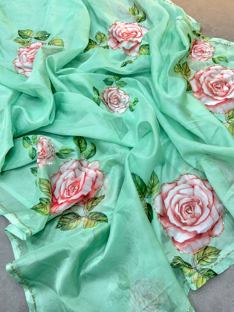 FLOWER HANDWORK CUT DANA ROSE SOFT TABI ORGANZA HANDWORK SAREE