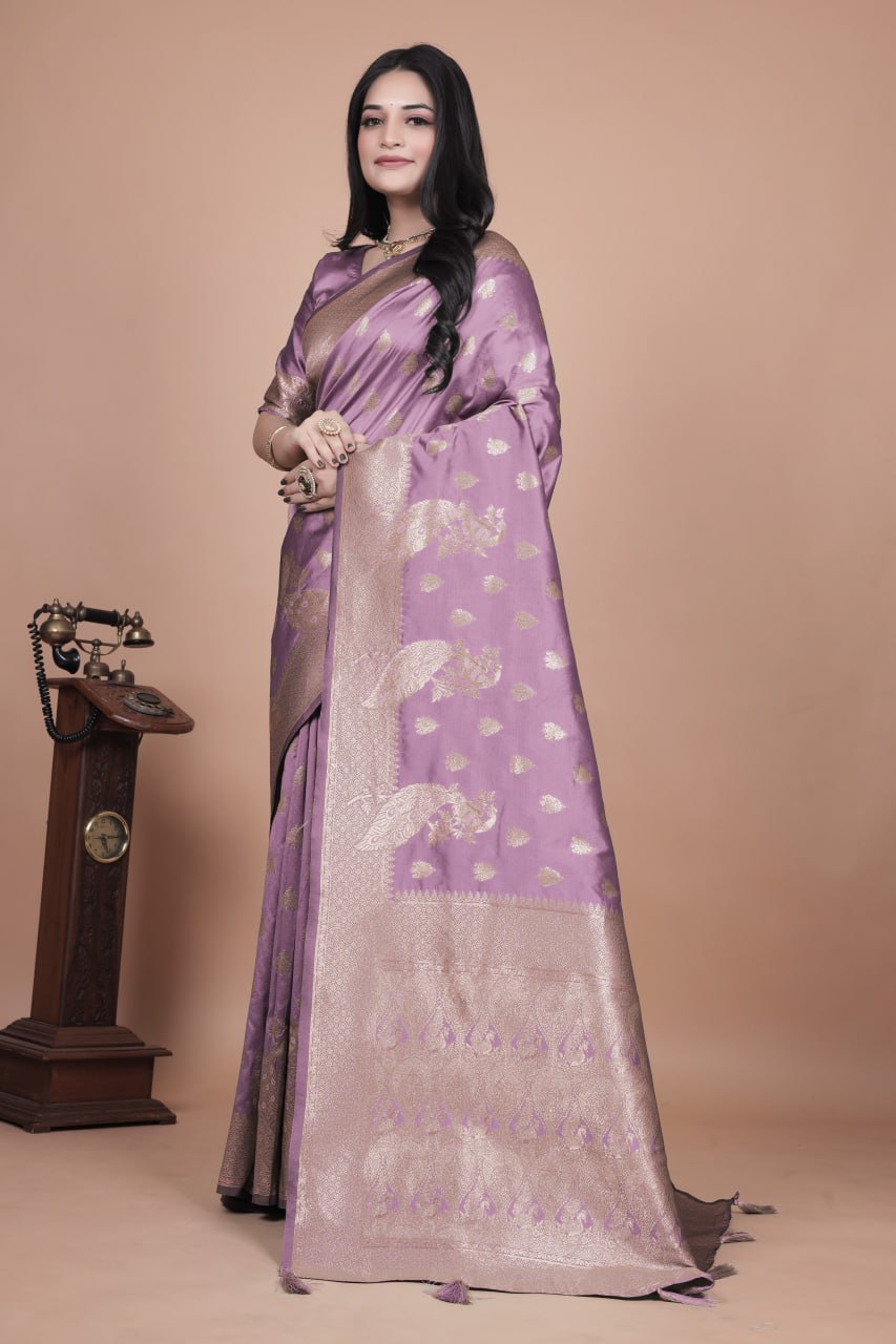 Lavender Banarasi Silk Saree with Golden Zari Weaving