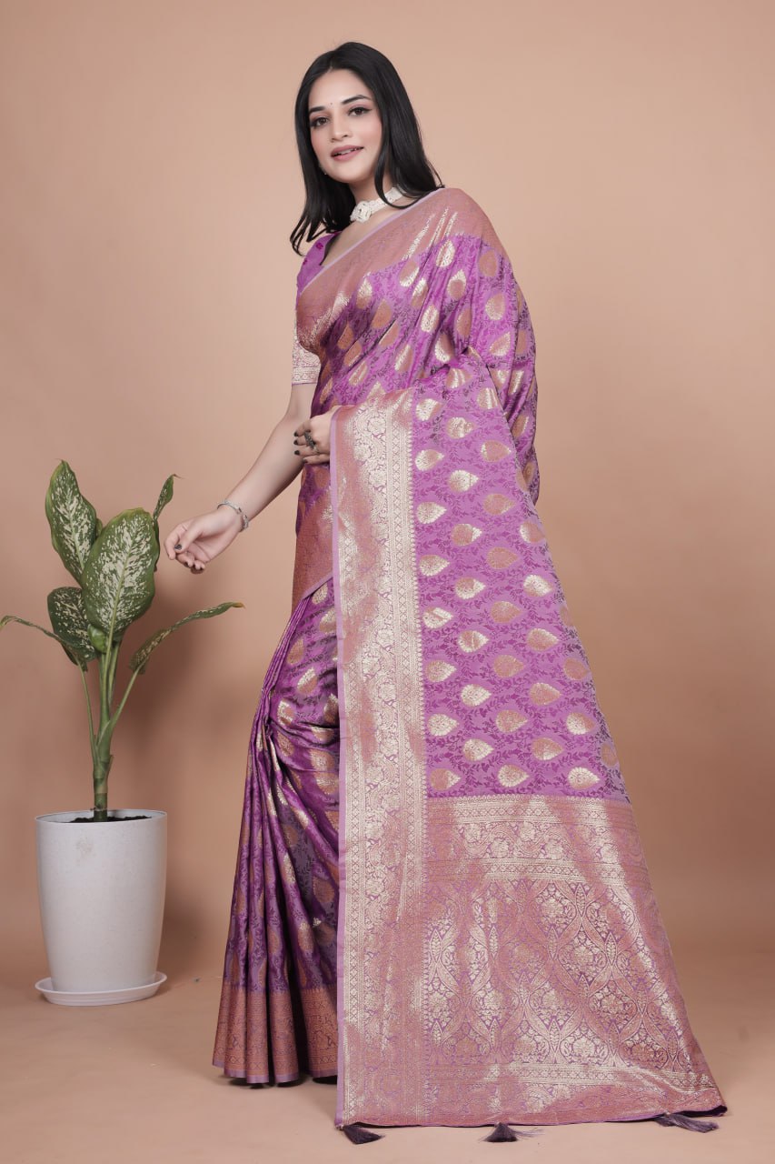 Royal Purple Banarasi Silk Saree with Golden Zari Butta Weaving