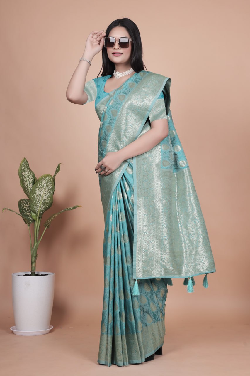 Sky Blue Banarasi Silk Saree with Silver Zari Butti and Ornate Pallu