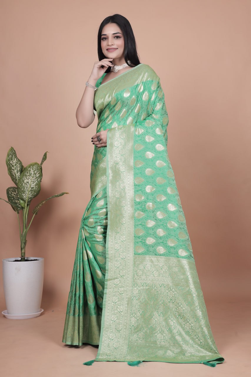 Emerald Green Banarasi Silk Saree with Golden Zari Butti and Rich Pallu