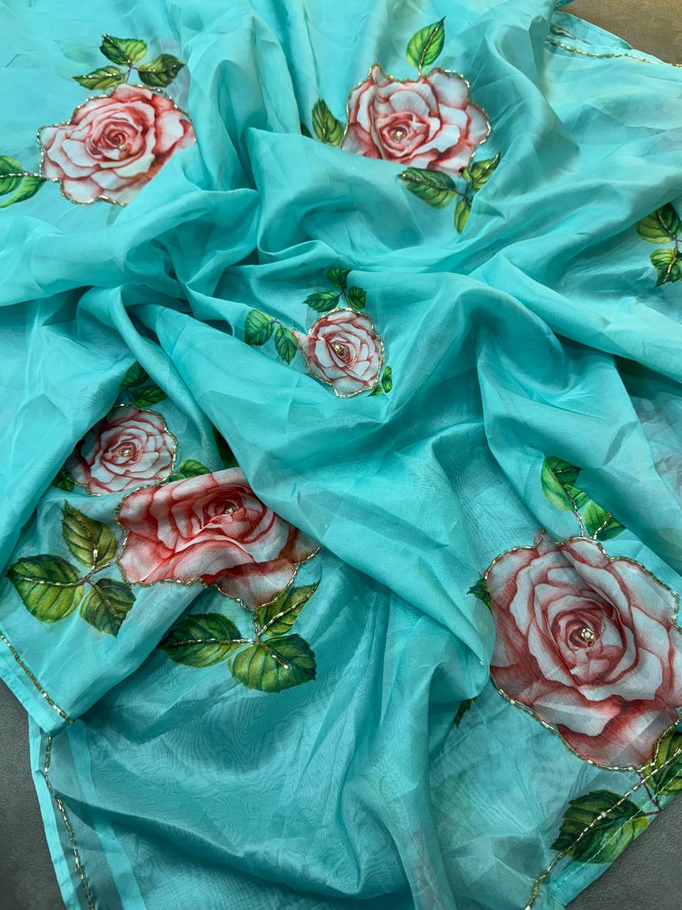 FLOWER HANDWORK CUT DANA ROSE SOFT TABI ORGANZA HANDWORK SAREE