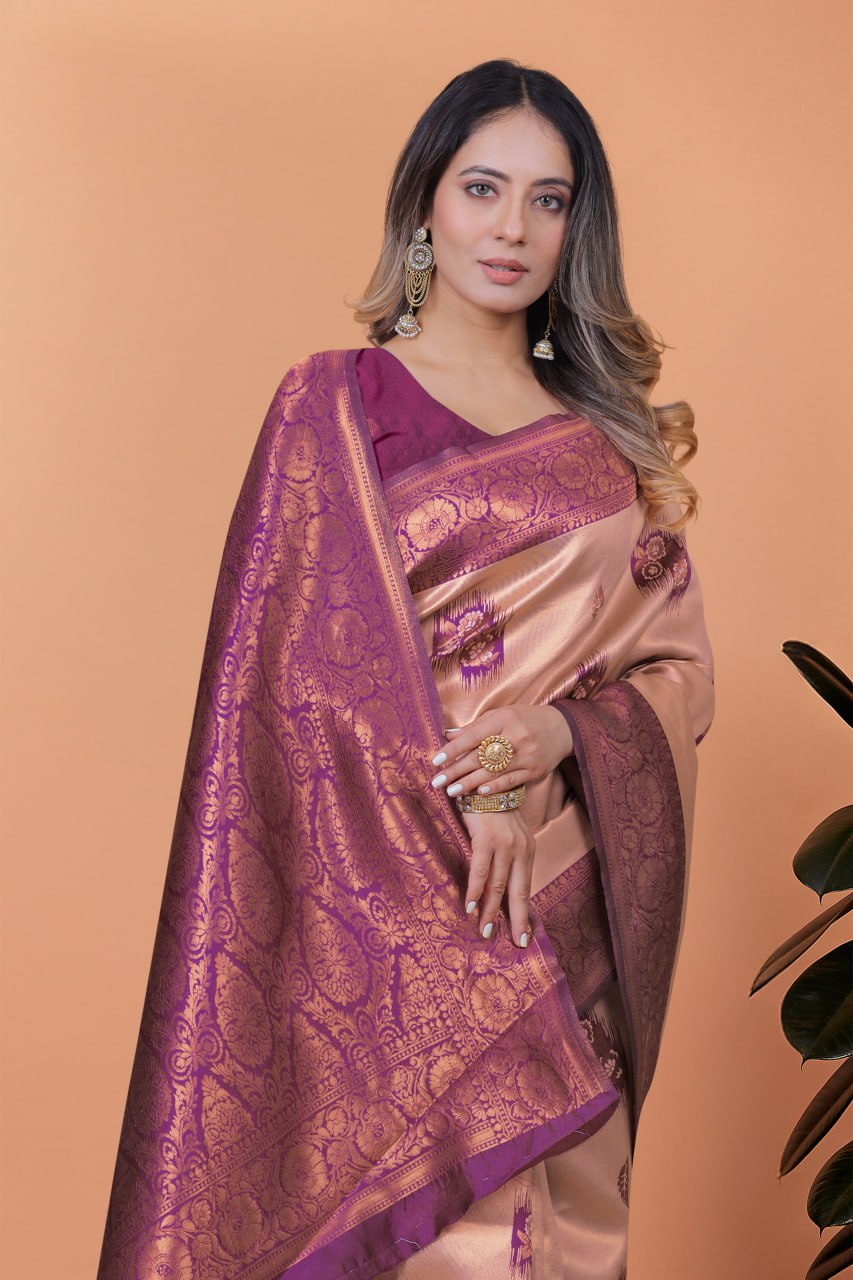 Beige & Plum Zari Woven Banarasi Silk Saree