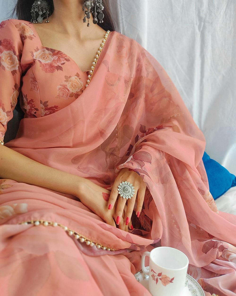 Georgette Printed with pearl lace border Saree