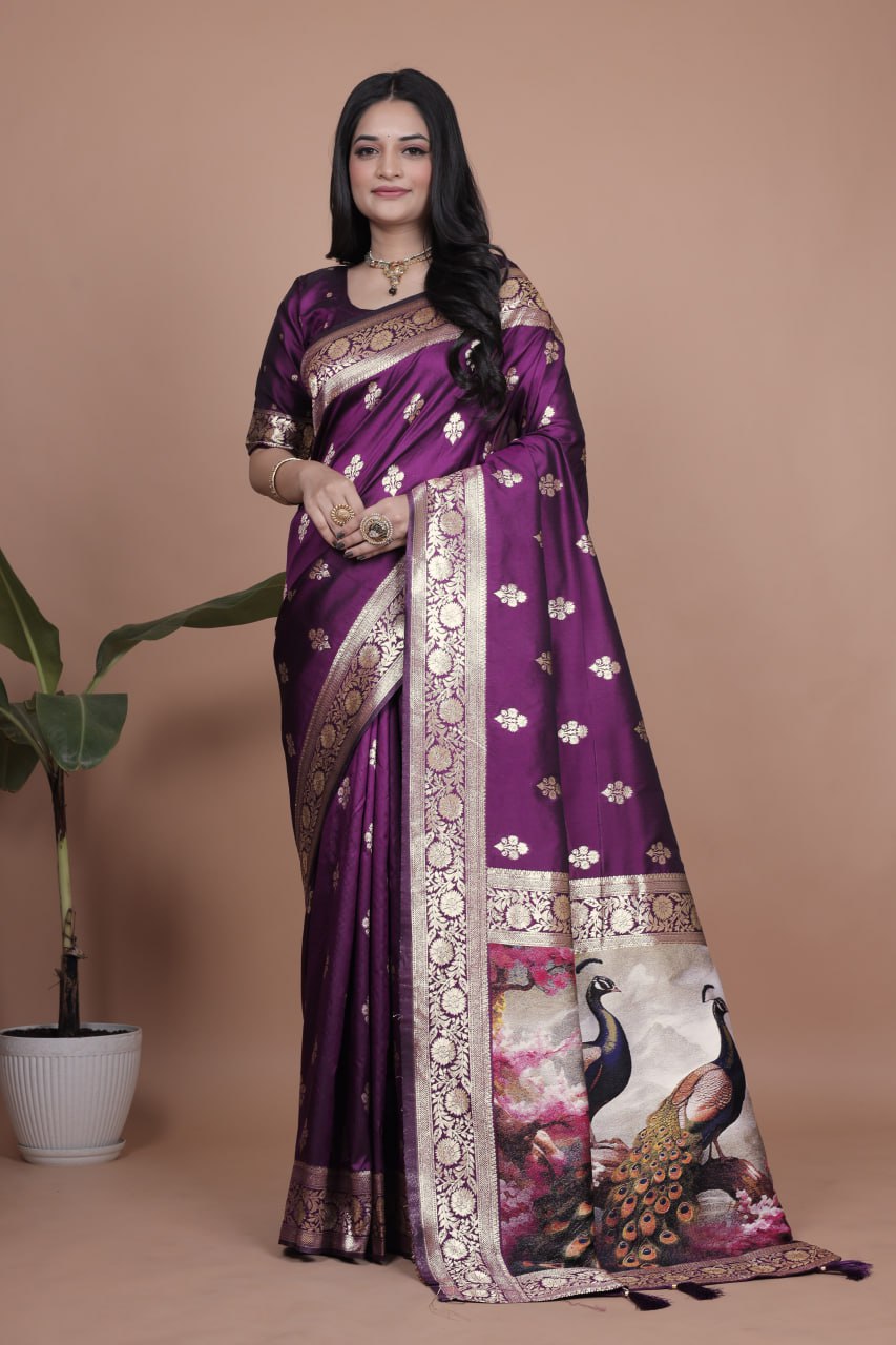 Royal Purple Banarasi Silk Saree with Peacock Pallu Design