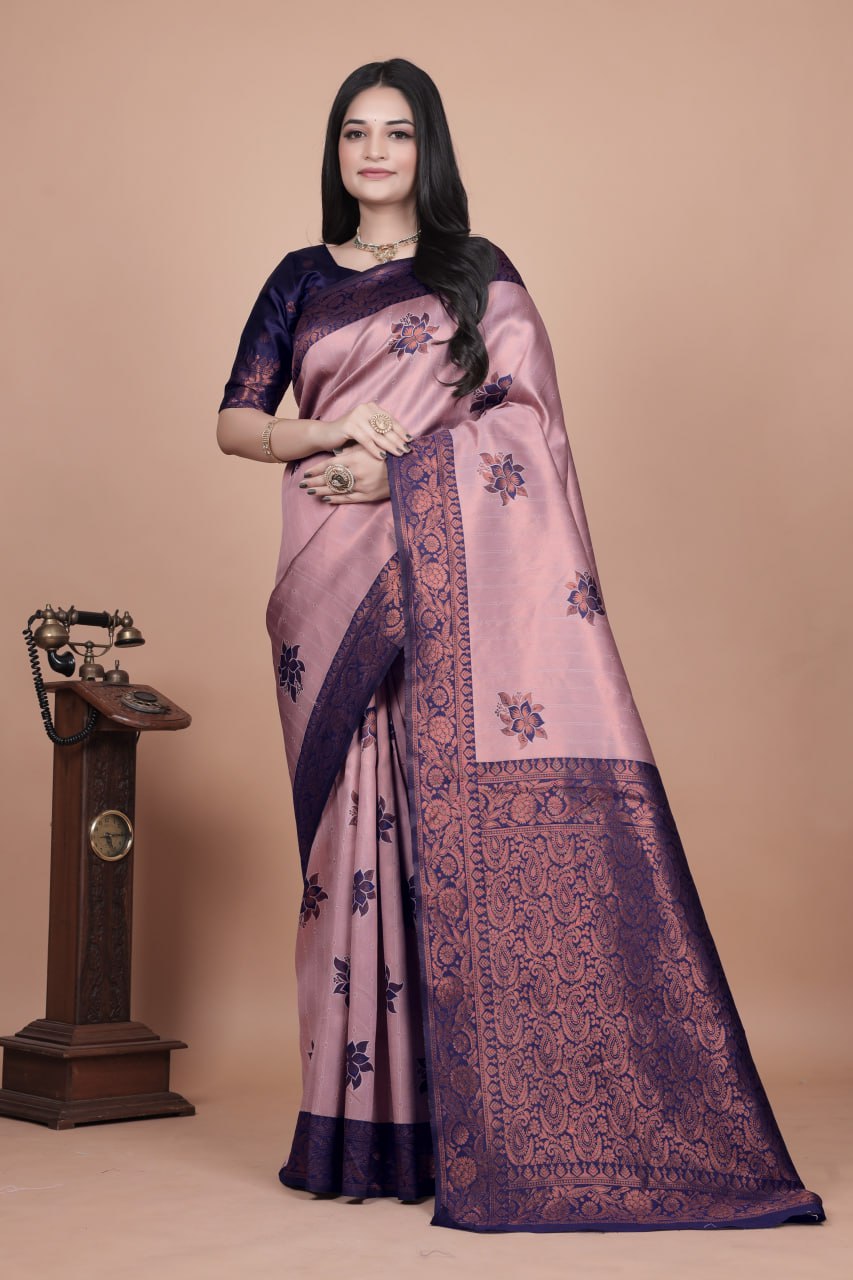 Mauve & Midnight Blue Banarasi Silk Saree with Lotus Motifs