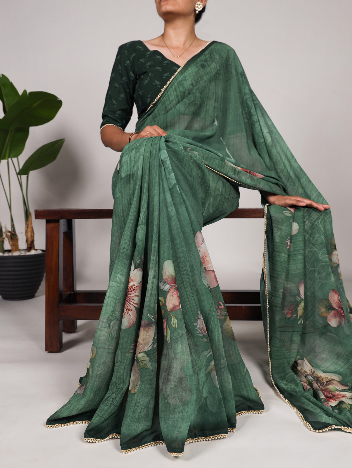 Georgette Floral Print With Lace Border Saree