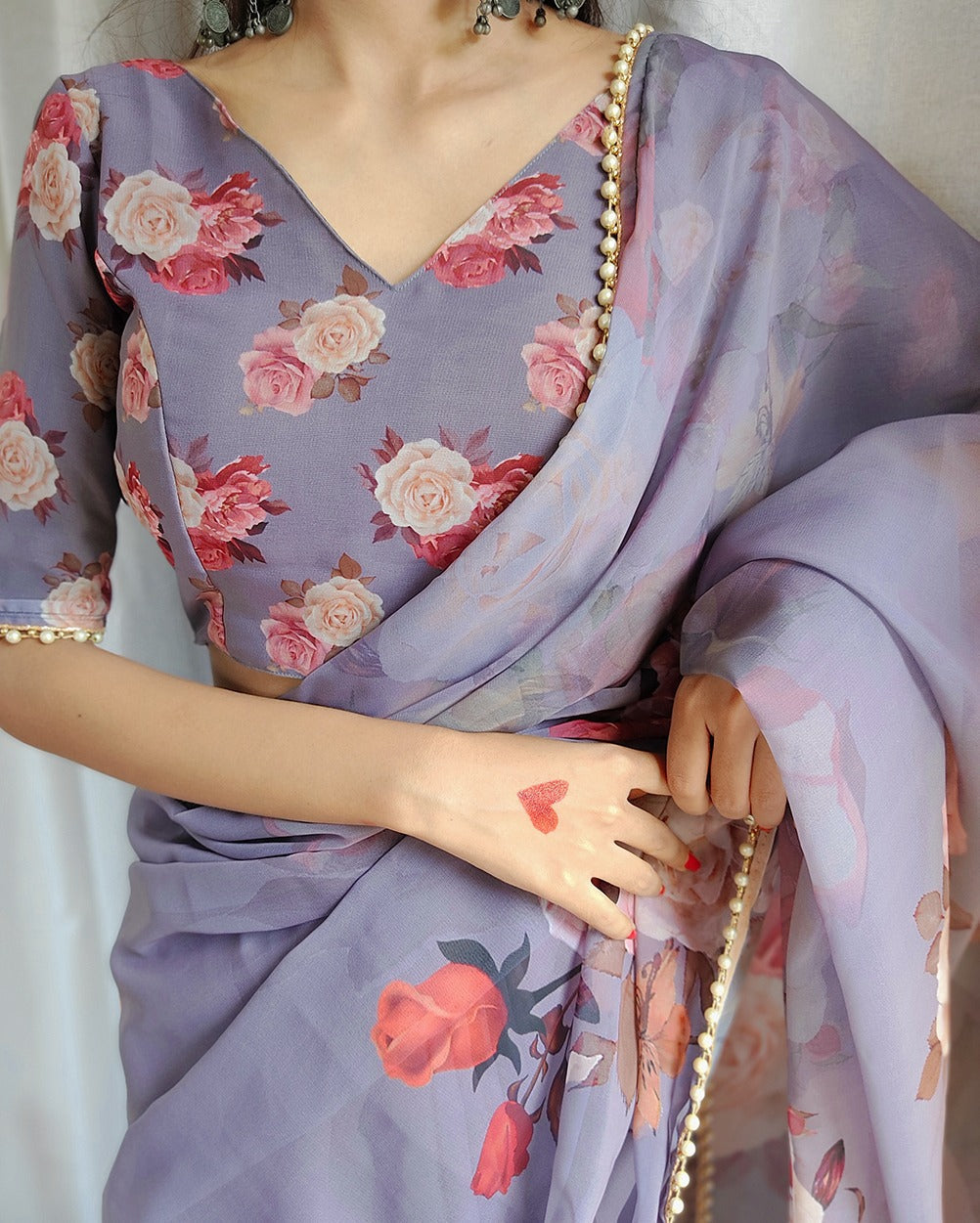 Georgette Printed with pearl lace border Saree