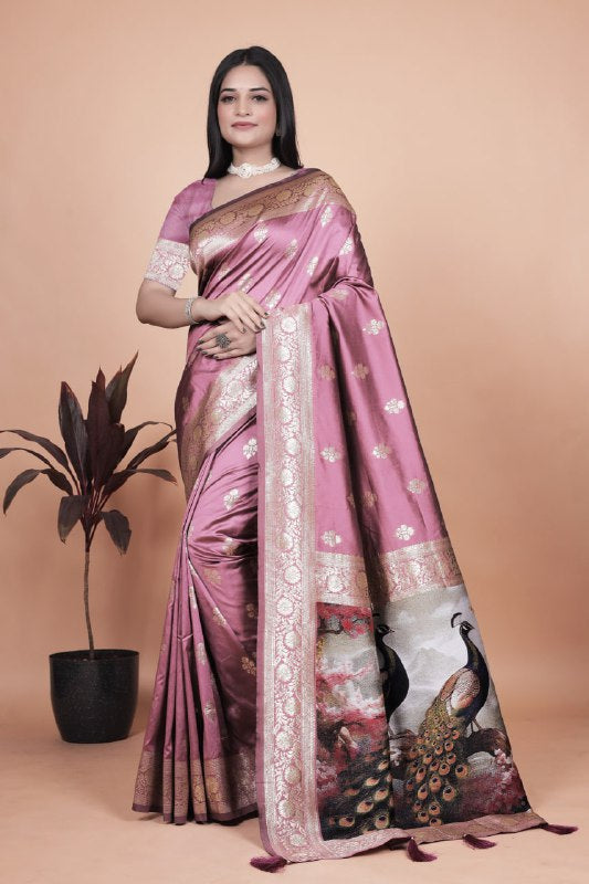 Rosewood Pink Banarasi Silk Saree with Artistic Peacock Pallu