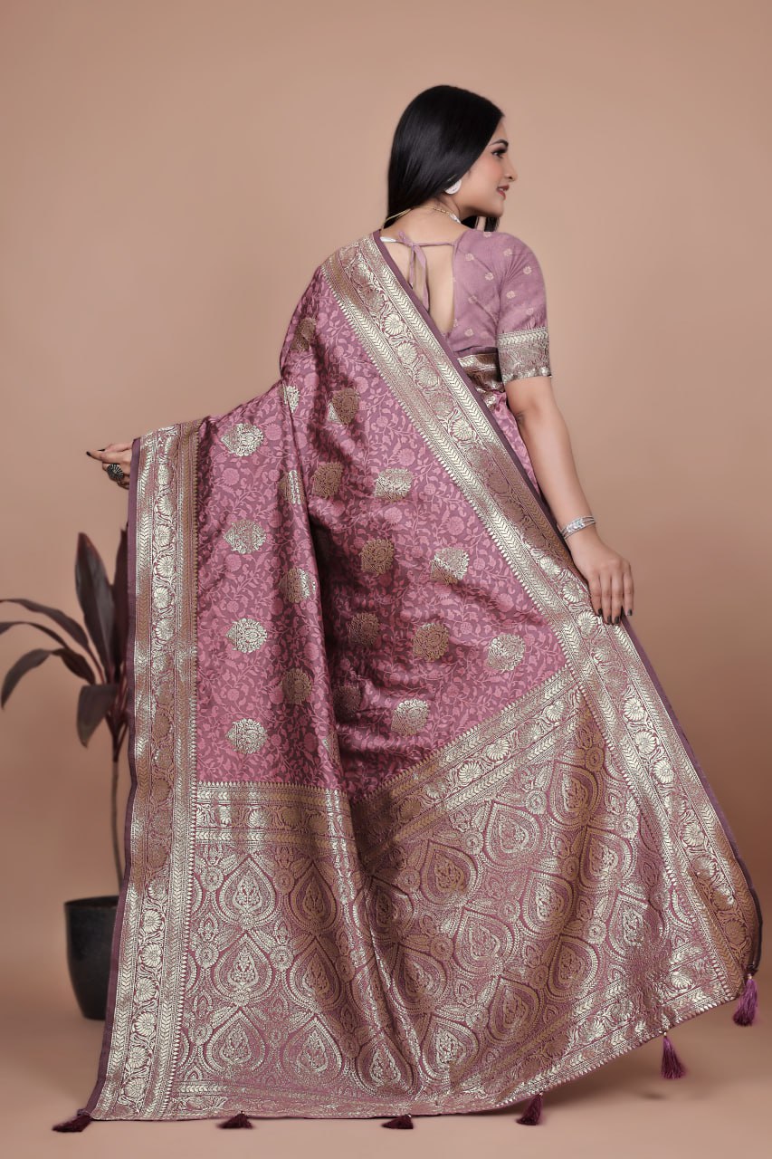 Dusty Rose Banarasi Silk Saree with Gold Zari Butti and Regal Pallu