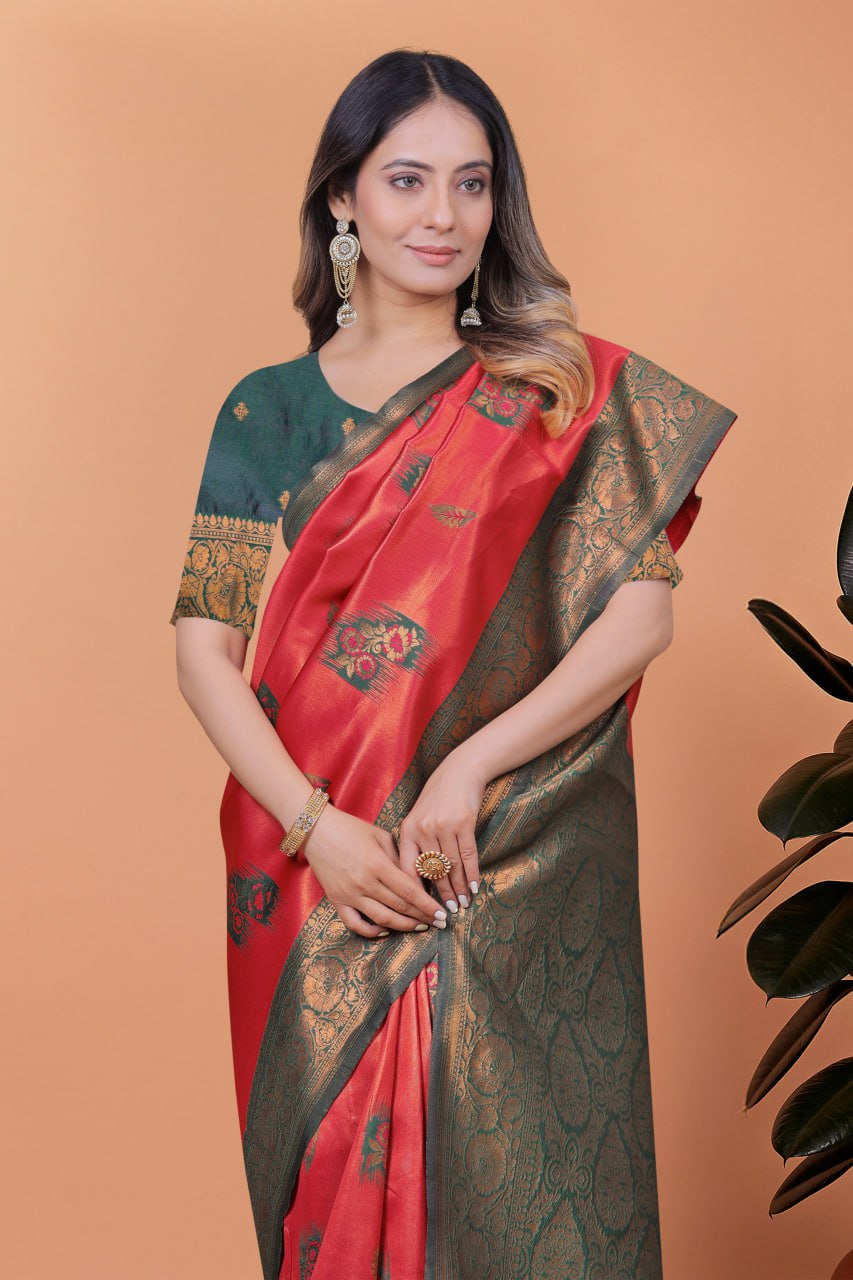 Red & Bottle Green Banarasi Silk Saree with Antique Zari Weaving