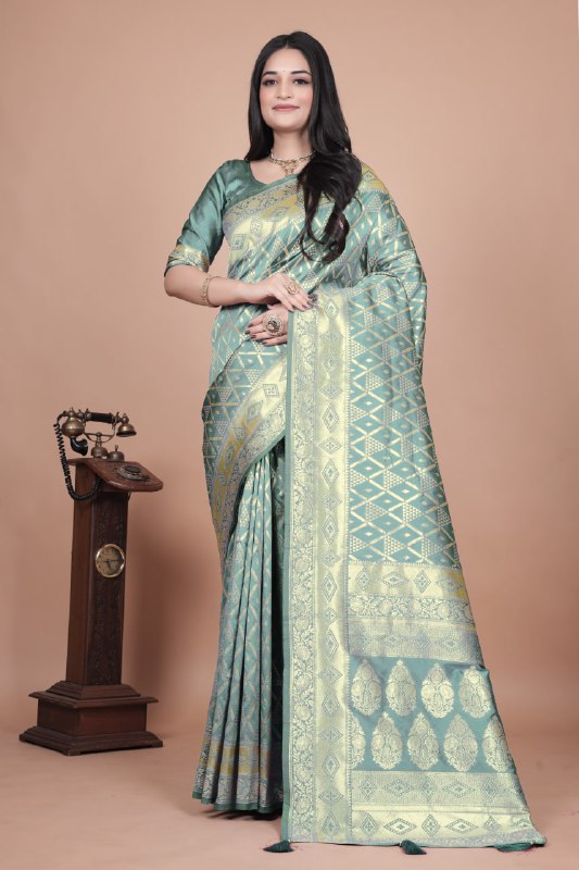 Pastel Green Banarasi Silk Saree with Golden Zari Geometric & Floral Weaves